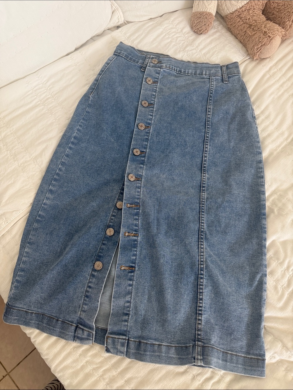 Classic Blue Denim Button-Front Midi Skirt
